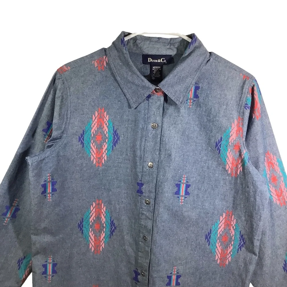 Denim & Co Button Down Chambray Shirts Western 100% Cotton - Picture 2 of 11